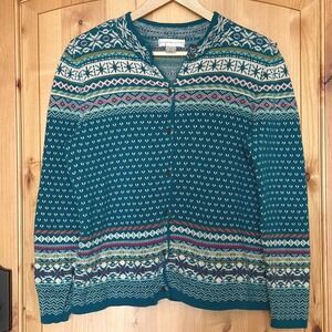 Christopher & Banks Fair Isle Cardigan Teal Nordic Knit Button Cottage Sweater M